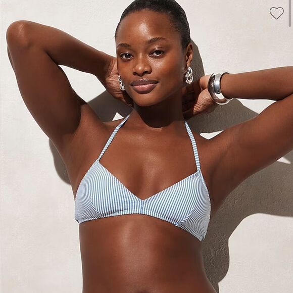 J. Crew French halter-neck bikini top in seersucker white blue nautical size XL - Picture 2 of 6